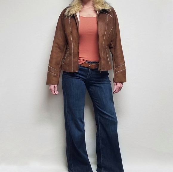 VINTAGE 90s Toffee Faux Suede Faux Fur Zip-Sleeve Full-zip Fleece Lined Jacket - Picture 2 of 13